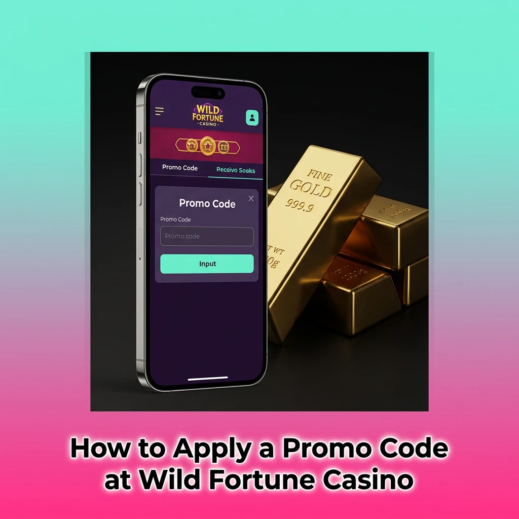 Wild Fortune Casino cashier screen showing promo code entry field with step-by-step bonus activation process